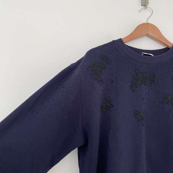 Sandro Navy Bijoux Floral Beaded Pullover Sweatshirt Size 3 (US 8) - Picture 5 of 6